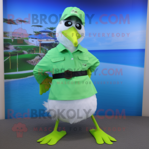 Lime Green Seagull mascot costume character dressed with a Polo Shirt and Belts