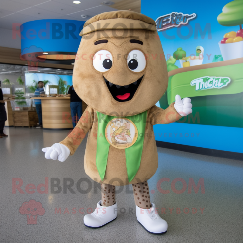 Tan Falafel mascot costume character dressed with a Capri Pants and Keychains