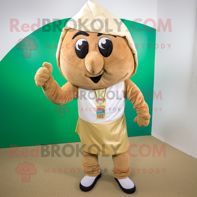 Tan Falafel mascot costume character dressed with a Capri Pants and Keychains Tan Falafel mascot costume character dressed with a Capri Pants and Keychains