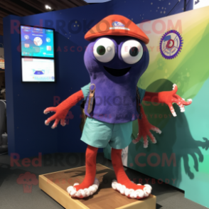 nan Octopus mascot costume character dressed with a Board Shorts and Lapel pins