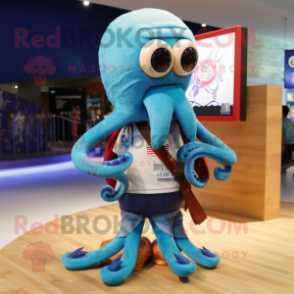 nan Octopus mascot costume character dressed with a Board Shorts and Lapel pins