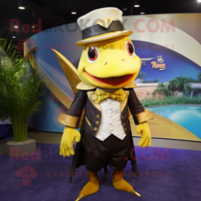 Gold Swordfish mascot costume character dressed with a Waistcoat and Caps