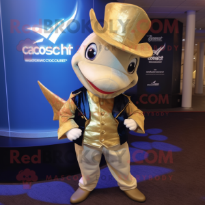 Gold Swordfish mascot costume character dressed with a Waistcoat and Caps