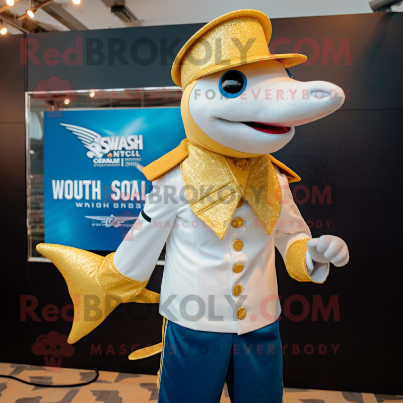 Gold Swordfish mascot costume character dressed with a Waistcoat and Caps