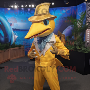 Gold Swordfish mascot costume character dressed with a Waistcoat and Caps