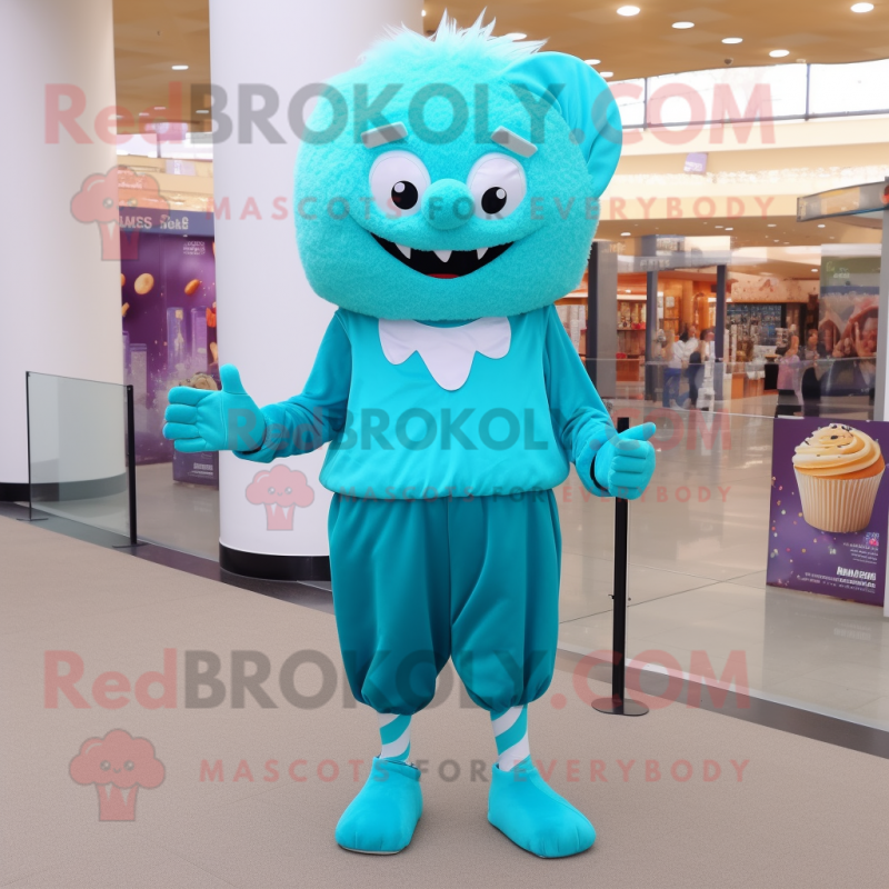 Turquoise Cupcake mascot costume character dressed with a Sheath Dress and Foot pads