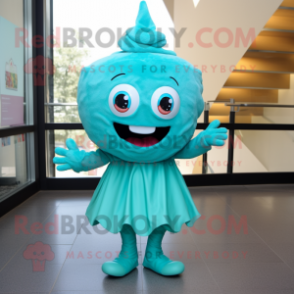 Turquoise Cupcake mascot costume character dressed with a Sheath Dress and Foot pads