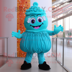Turquoise Cupcake mascot costume character dressed with a Sheath Dress and Foot pads