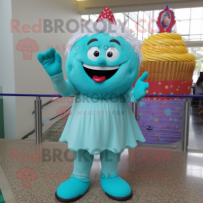 Turquoise Cupcake mascot costume character dressed with a Sheath Dress and Foot pads