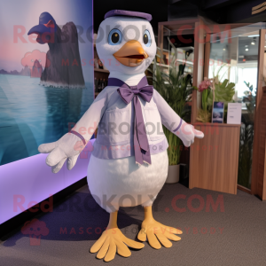 Lavender Gull mascot costume character dressed with a Romper and Bow ties