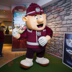 Maroon Irish Castle mascot costume character dressed with a Rugby Shirt and Ties
