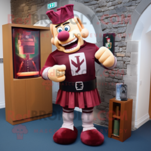 Maroon Irish Castle mascot costume character dressed with a Rugby Shirt and Ties