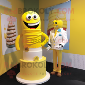 Yellow Wedding Cake mascot costume character dressed with a T-Shirt and Ties