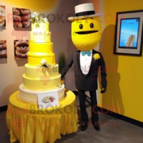 Yellow Wedding Cake mascot costume character dressed with a T-Shirt and Ties