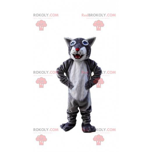 Mascote tigre cinza e branco, fantasia de felino gigante -