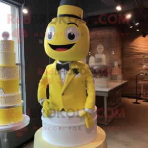 Yellow Wedding Cake mascot costume character dressed with a T-Shirt and Ties
