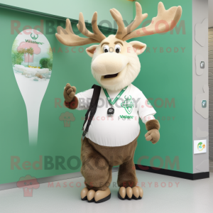 Cream Irish Elk mascot costume character dressed with a V-Neck Tee and Bracelet watches