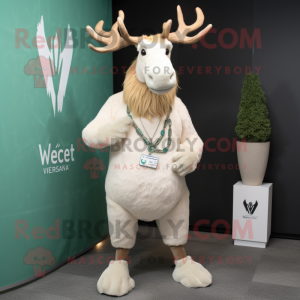 Cream Irish Elk mascot costume character dressed with a V-Neck Tee and Bracelet watches