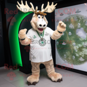 Cream Irish Elk mascot costume character dressed with a V-Neck Tee and Bracelet watches