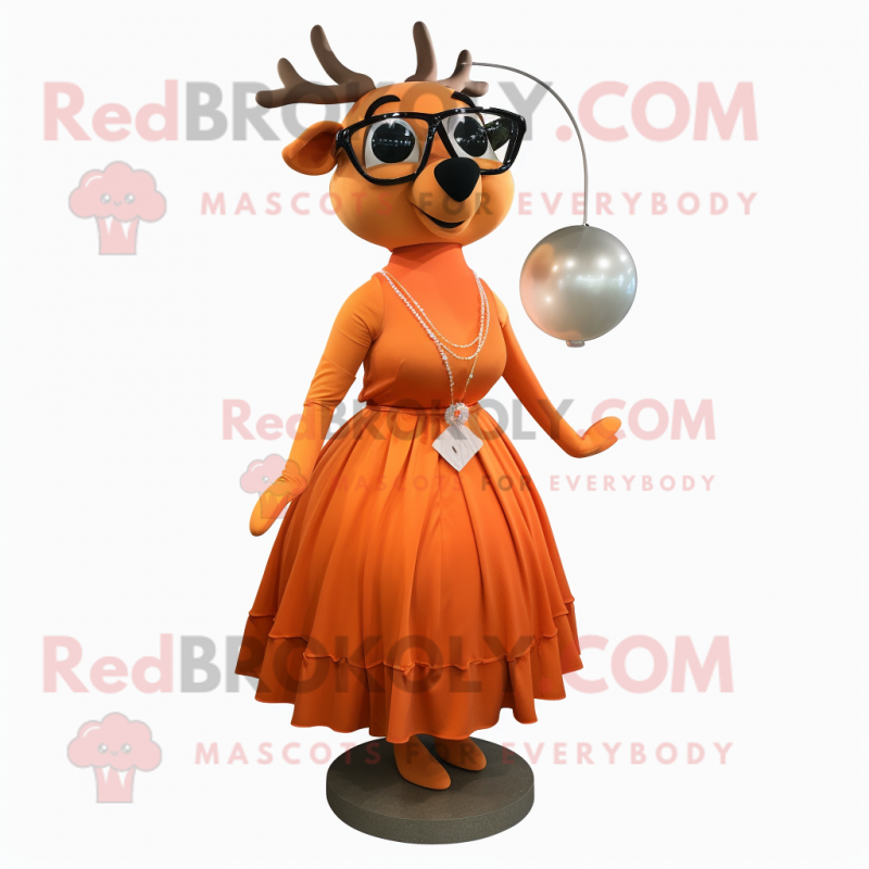 Orange Deer mascot costume character dressed with a Ball Gown and Eyeglasses