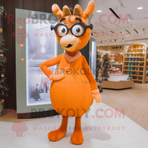Orange Deer mascot costume character dressed with a Ball Gown and Eyeglasses