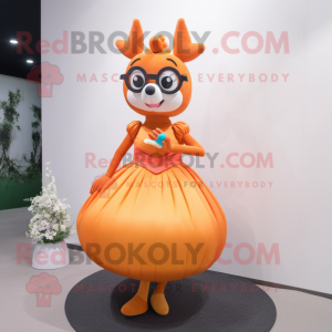 Orange Deer mascot costume character dressed with a Ball Gown and Eyeglasses