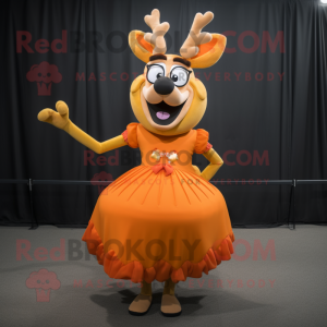 Orange Deer mascot costume character dressed with a Ball Gown and Eyeglasses