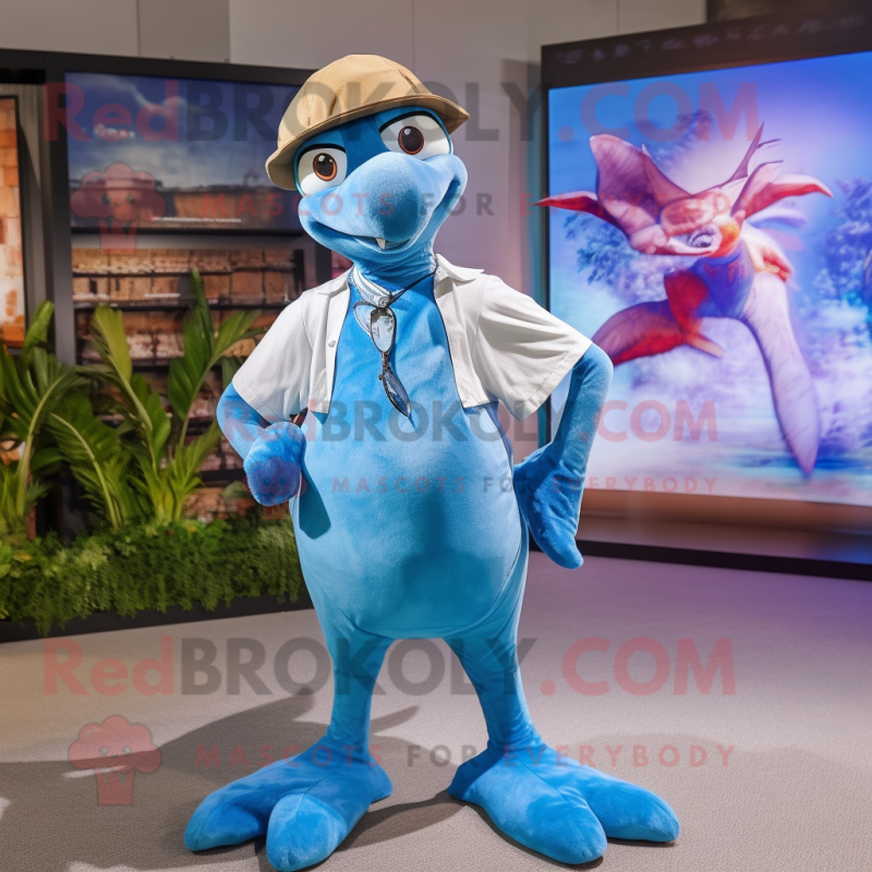 Sky Blue Pterodactyl mascot costume character dressed with a Oxford Shirt and Headbands