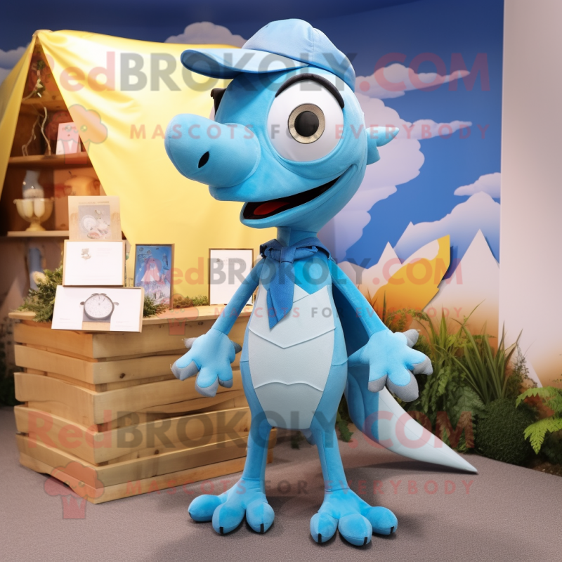 Sky Blue Pterodactyl mascot costume character dressed with a Oxford Shirt and Headbands