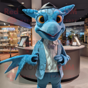 Sky Blue Pterodactyl mascot costume character dressed with a Oxford Shirt and Headbands