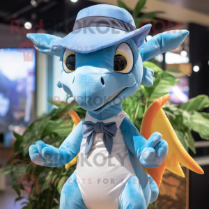 Sky Blue Pterodactyl mascot costume character dressed with a Oxford Shirt and Headbands
