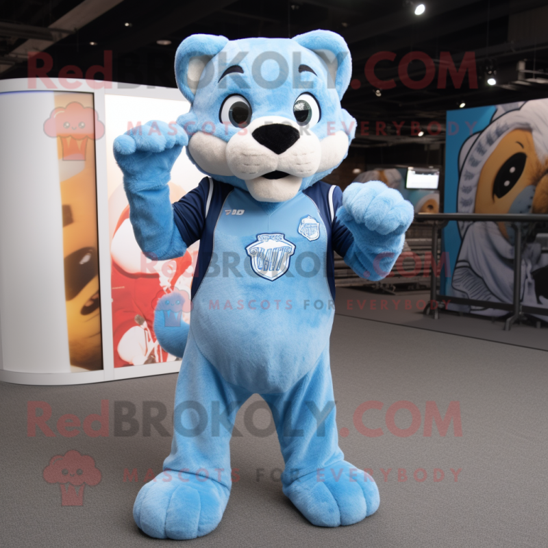 Sky Blue Puma mascot costume character dressed with a Polo Shirt and Gloves