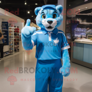 Sky Blue Puma mascot costume character dressed with a Polo Shirt and Gloves