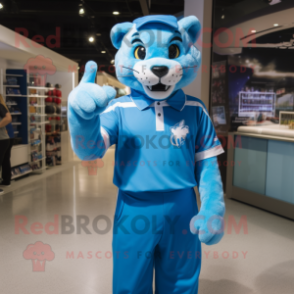 Sky Blue Puma mascot costume character dressed with a Polo Shirt and Gloves