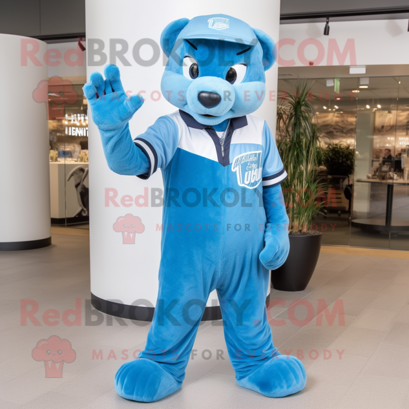 Sky Blue Puma mascot costume character dressed with a Polo Shirt and Gloves