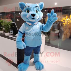 Sky Blue Puma mascot costume character dressed with a Polo Shirt and Gloves