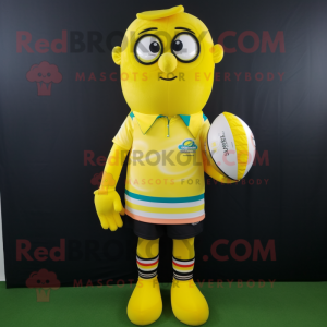 Yellow Lemon mascot costume character dressed with a Rugby Shirt and Scarf clips