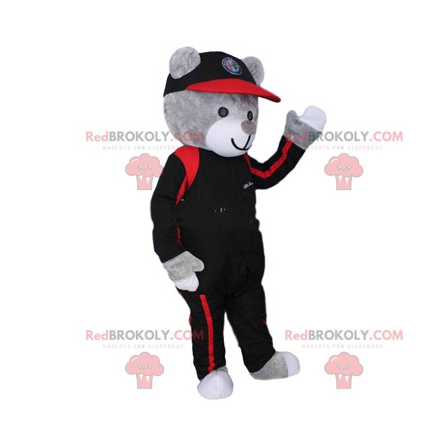 Gray teddy bear mascot dressed as a pilot. Bear costume -