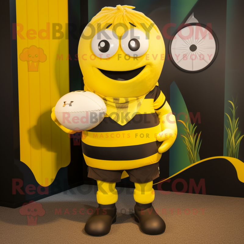 Yellow Lemon mascot costume character dressed with a Rugby Shirt and Scarf clips