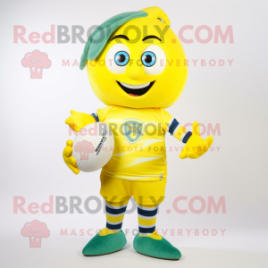 Yellow Lemon mascot costume character dressed with a Rugby Shirt and Scarf clips