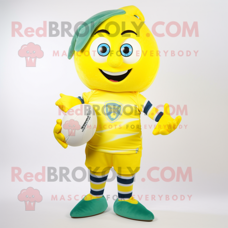 Yellow Lemon mascot costume character dressed with a Rugby Shirt and Scarf clips Yellow Lemon mascot costume character dressed with a Rugby Shirt and Scarf clips