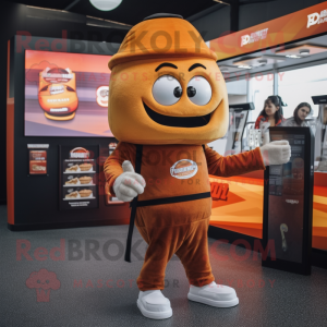 Rust Burgers mascot costume character dressed with a Hoodie and Coin purses