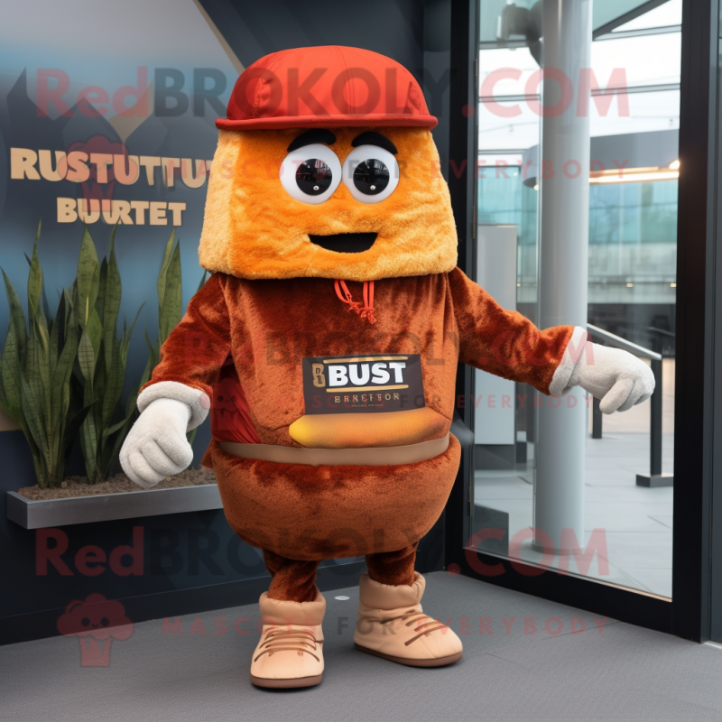 Rust Burgers mascot costume character dressed with a Hoodie and Coin purses