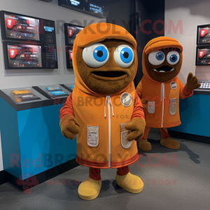 Rust Burgers mascot costume character dressed with a Hoodie and Coin purses