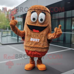 Rust Burgers mascot costume character dressed with a Hoodie and Coin purses