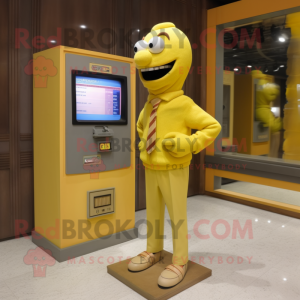 Yellow Television mascot costume character dressed with a Turtleneck and Tie pins