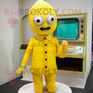 Yellow Television mascot costume character dressed with a Turtleneck and Tie pins