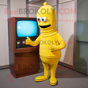 Yellow Television mascot costume character dressed with a Turtleneck and Tie pins