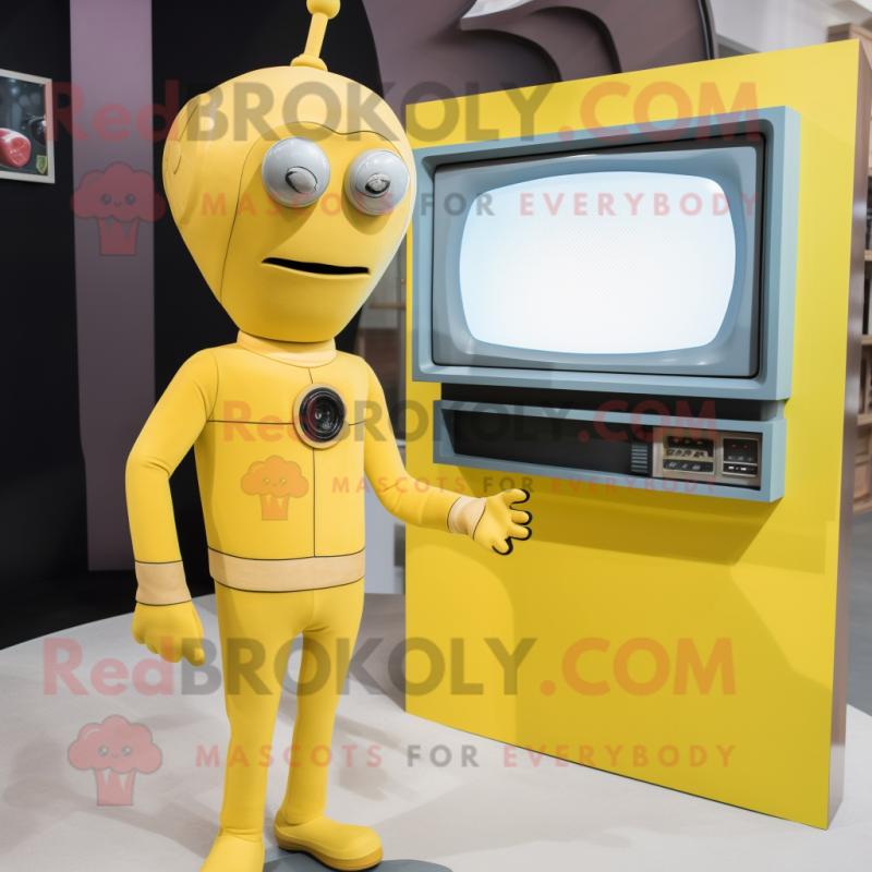 Yellow Television mascot costume character dressed with a Turtleneck and Tie pins