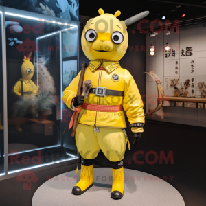 Lemon Yellow Samurai mascot costume character dressed with a Bomber Jacket and Suspenders